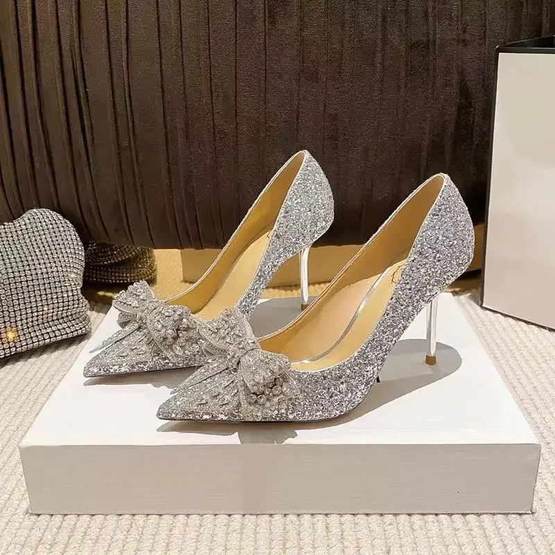 Autumn Pointed Toe Pumps Sequined Rhinestone Butterfly Women heels Gold Silver High Heels Party Wedding Shoes250102