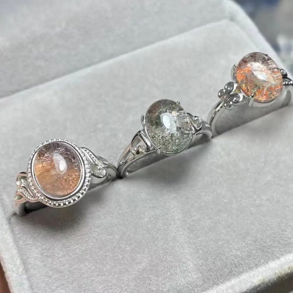 5-Ring Natural Phantom Quartz Adjustable Ring White Copper Ring Female Gift Stone Ring Size Approximately 8 * 10mm 250102