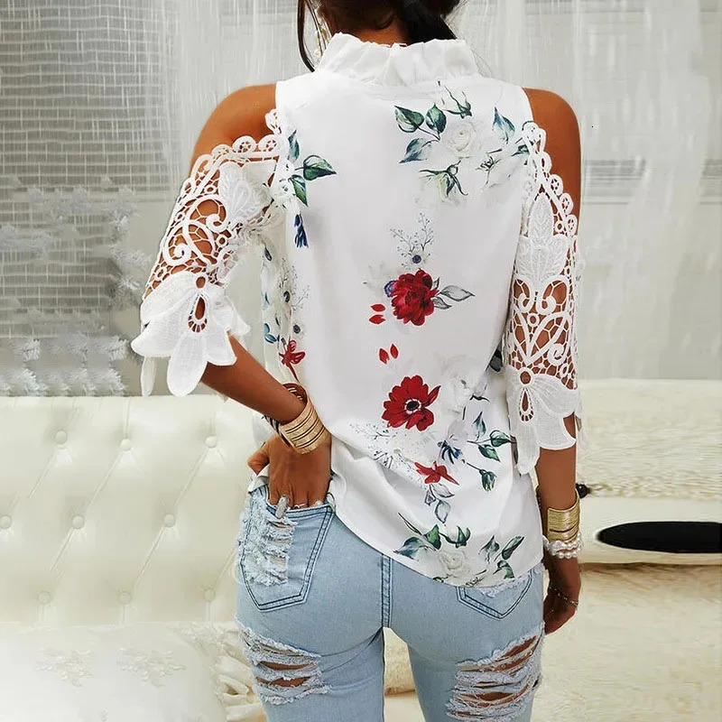 Summer womens strapless top casual sexy hollow flower print womens shirt elegant V-neck short sleeved lace shirt blue 19361 250102