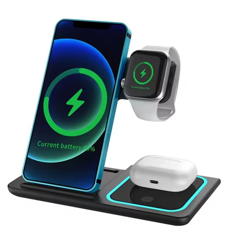 15W LED Fast Wireless Charger 3 in 1 Foldable Charging Station For iPhone 16 15 14 13 12 11 Apple Watch 9 8 7 6 5 Airpods 3 4 Pro 2 With Retail Box