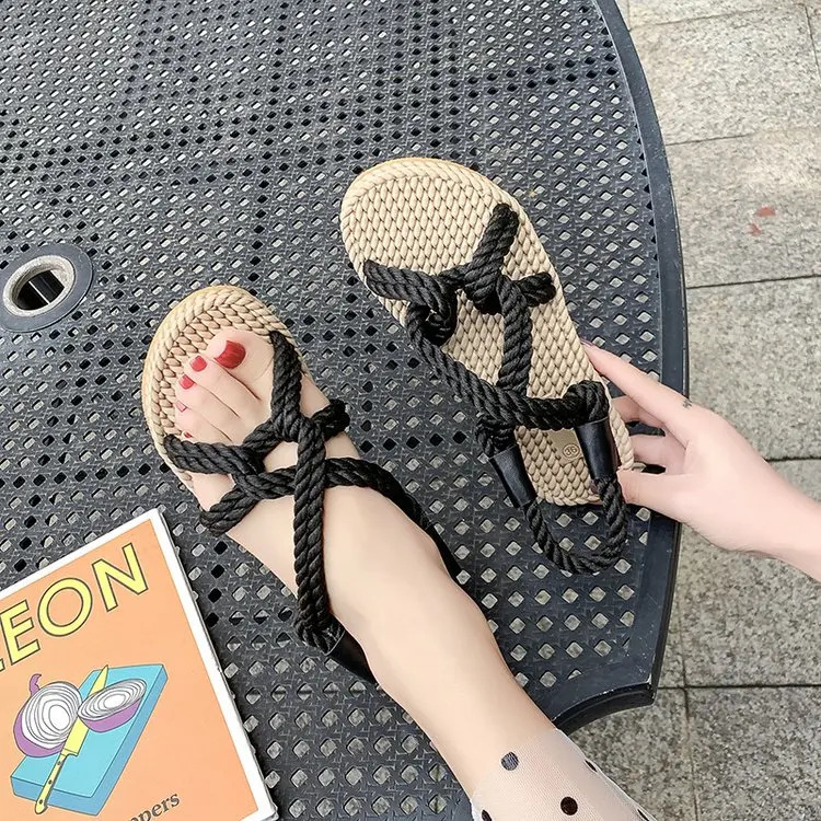 Rainbow Color Rope Sandals Woman Retro Weaved Fishman Sandalias Ladies Sea Blue Beach Slippers Handmade Bohemian Straw Shoes 250102