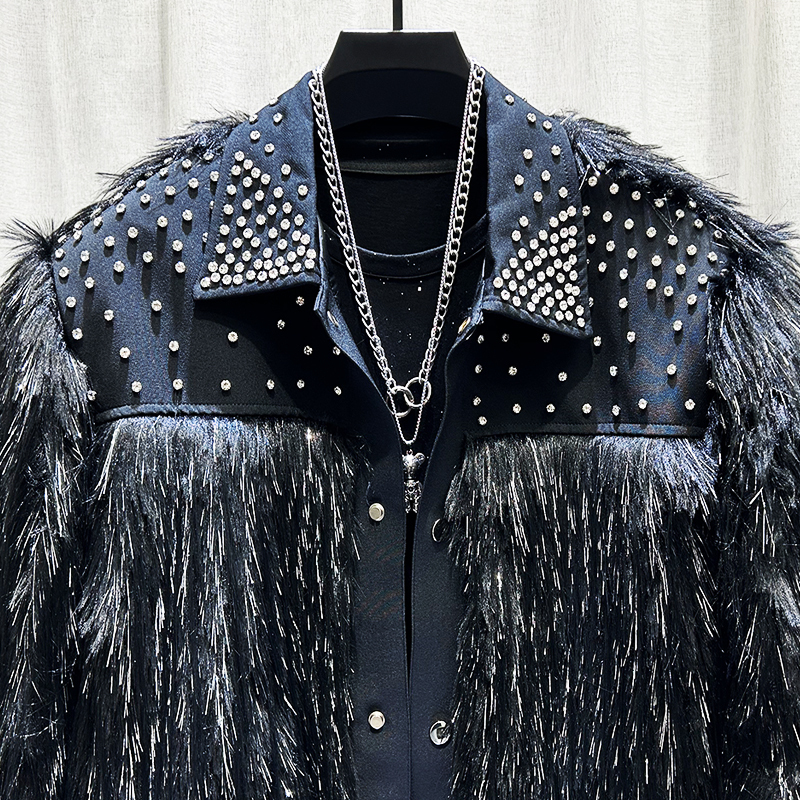 PFHQ Autumn Winter Men Jacket Dia Studded Tassel Plush Light Turn-Down Collar Male Tops Fashion 21Z7554