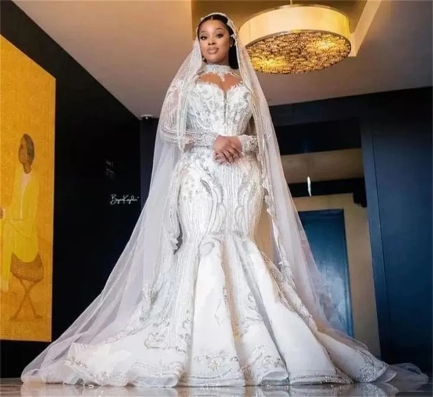 Vintage Saudi Arabia Mermaid Wedding Dress High Neck Long Sleeve Bridal Gowns Crystal Bride robes de mariee Plus Size Free shipping