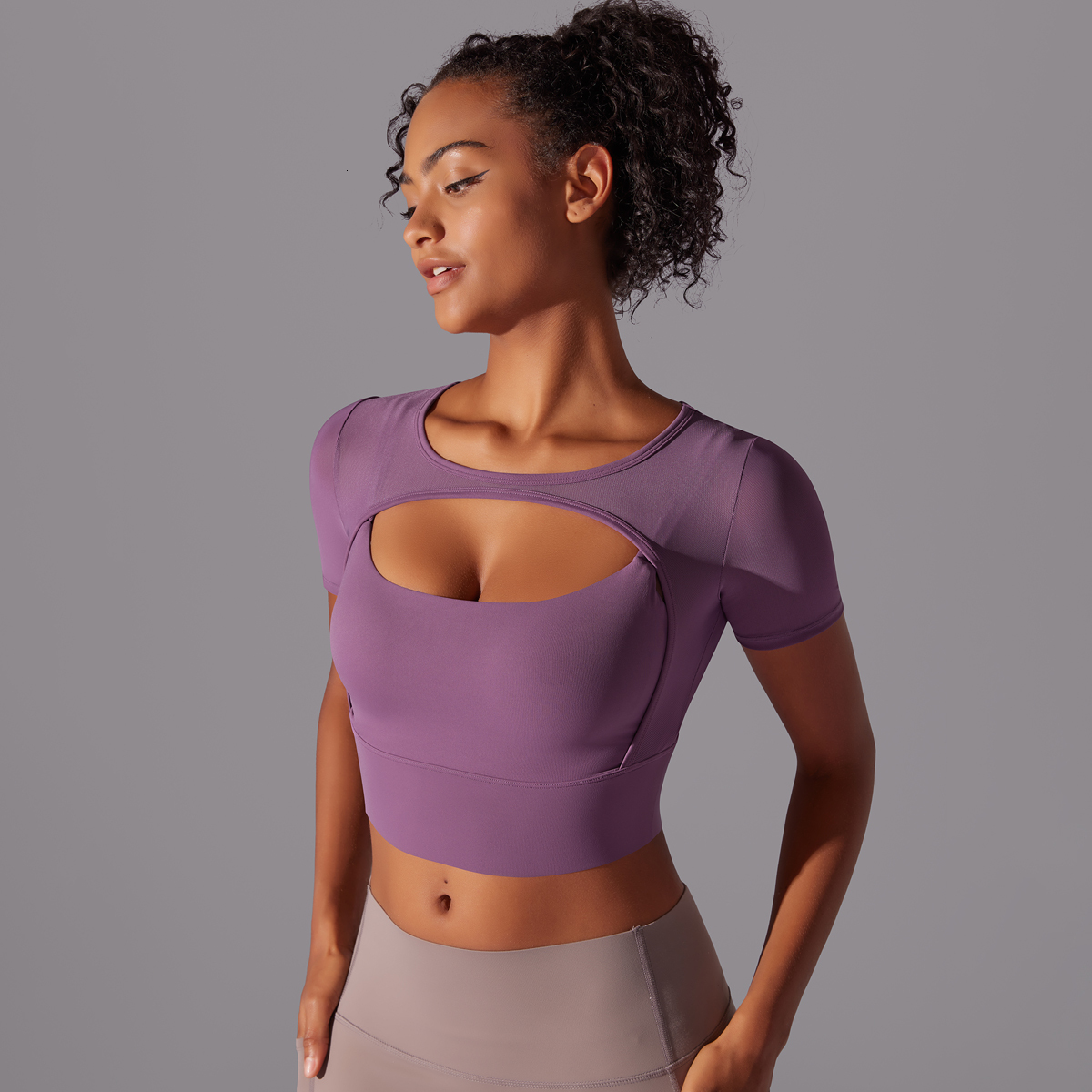 Solid Color Short Sleeve Sexy Double Layer Tank Spliced Mesh Yoga Clothing Top Fiess Running Sports Bra Women