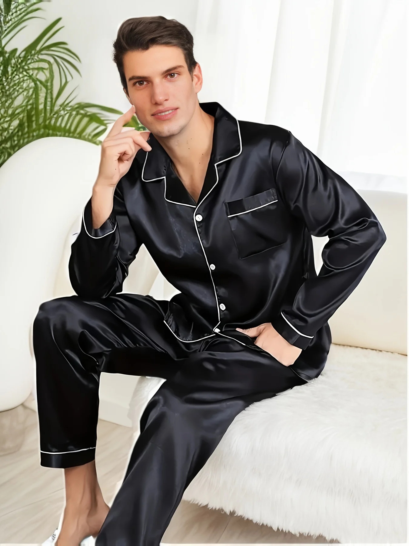 Men Pajama Sets Sleepwear For Man Shirt Silk Long Sleeve Pyjama Male Sleeping Satin Home Night Wear Plus Size Loungewear 250103