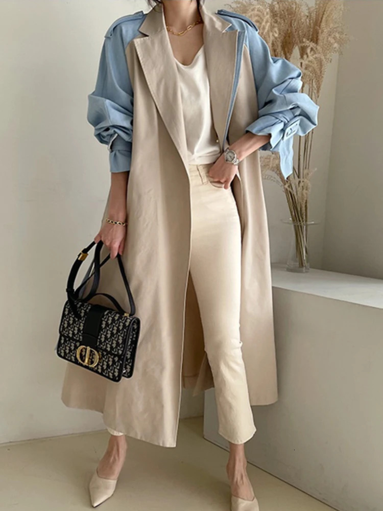 UCXQ Fashion Long Jacket Vintage Patchwork Contrasting Lapel Lace Up Waist Elegant Trench Coat Women 2025 Spring Autumn 9792 241224