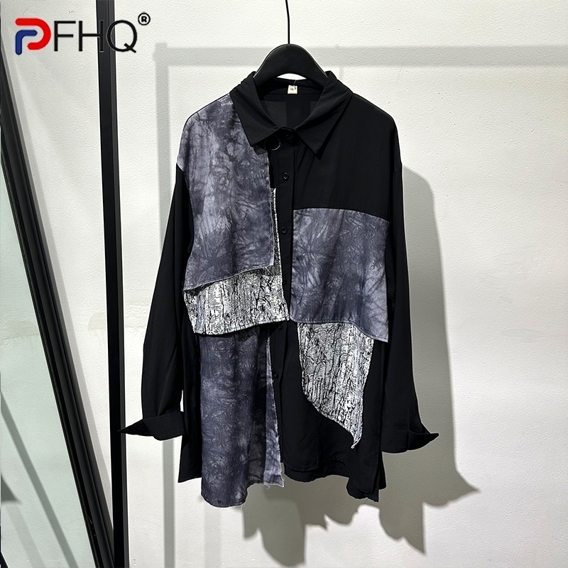 PFHQ Fashion Patchwork Shirts For Men's Turn-Down Collar Long Sleeve Single Breasted Sports Comfortable Tops Chic Autumn 21F3676