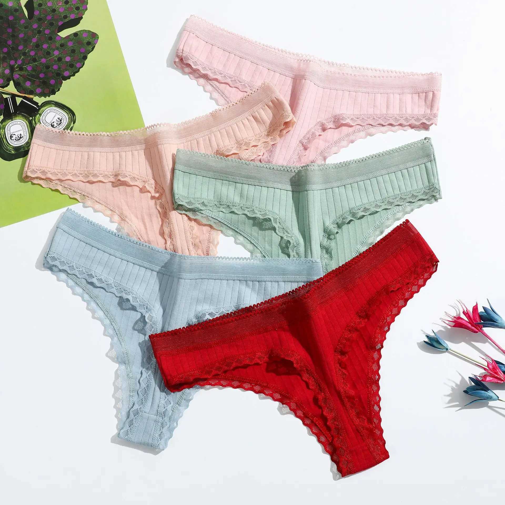 Sexy cotton thong womens lace low waist underwear womens underwear solid color breathable womens G-line W250103