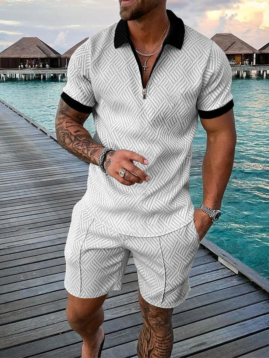 Summer Mens Sports Patchwork Pattern Short Sleeve Stylish Zipper Polo Shirt And Shorts Set Mens Casual Streetwear 2-pie 250102