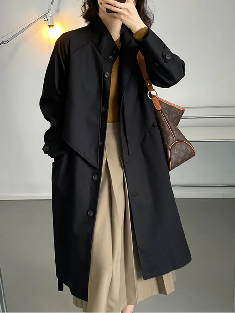 DEAT Fashion Womens Trench Coat Lapel Loose Single Breasted Long Sleev Sashes Back Spliced Windbreaker Autumn 2025 17A599H 241224