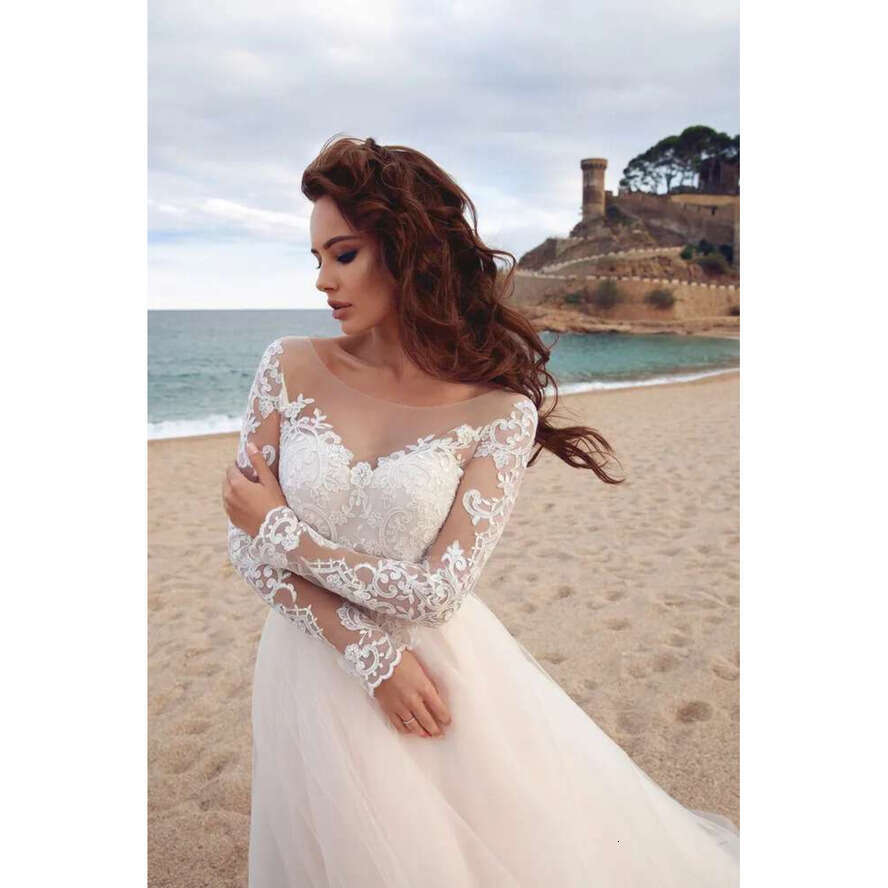 Elegant Lace Appliques A-E Dress Sheer Scoop Long Sleeves Tulle Boho Wedding Gowns Vestido De Novia Beach Dresses
