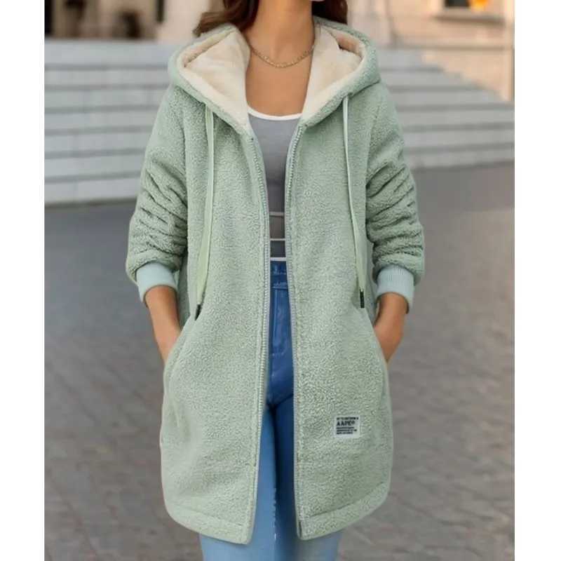 Womens Hiccup Wool Long Sleeve Hoodie Winter New Zipper Open Coat Casual Korean Cashmere Jacket Womens M250103