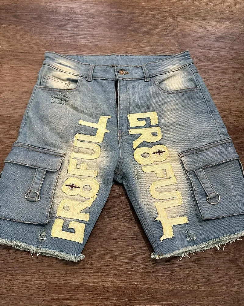 Y2K Harajuku Style Letter Patch Embroidery Baggy Denim Shorts Men Vintage Streetwear Hip Hop Pop Punk Casual Joker Shorts250102