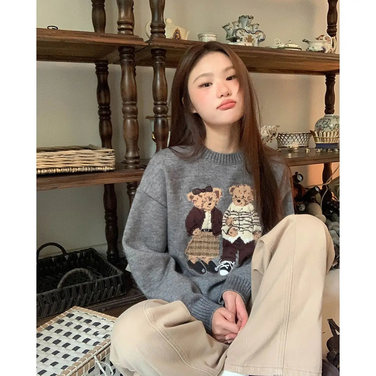 Fashion Lovely Women Cartoon Jacquard Sweater Loose Retro Jumper Winter Autumn Cute Bear Pattern Sweaters Pullover Korean Trendy 241227