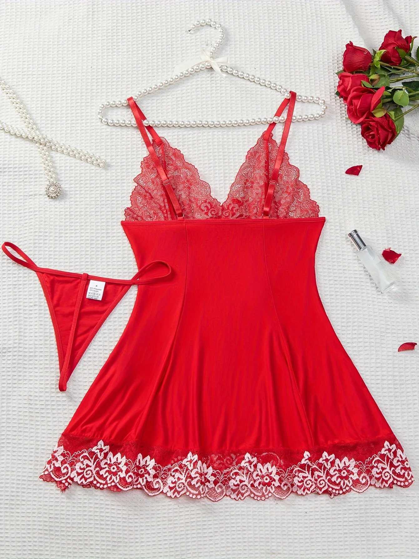 Sexy Womens Slip Fashion Design Evening Dress Lace Splicing Work Comfortable Slip Dress+thong Womens Sexy Sleeveless V-neck Evening Dress W250103