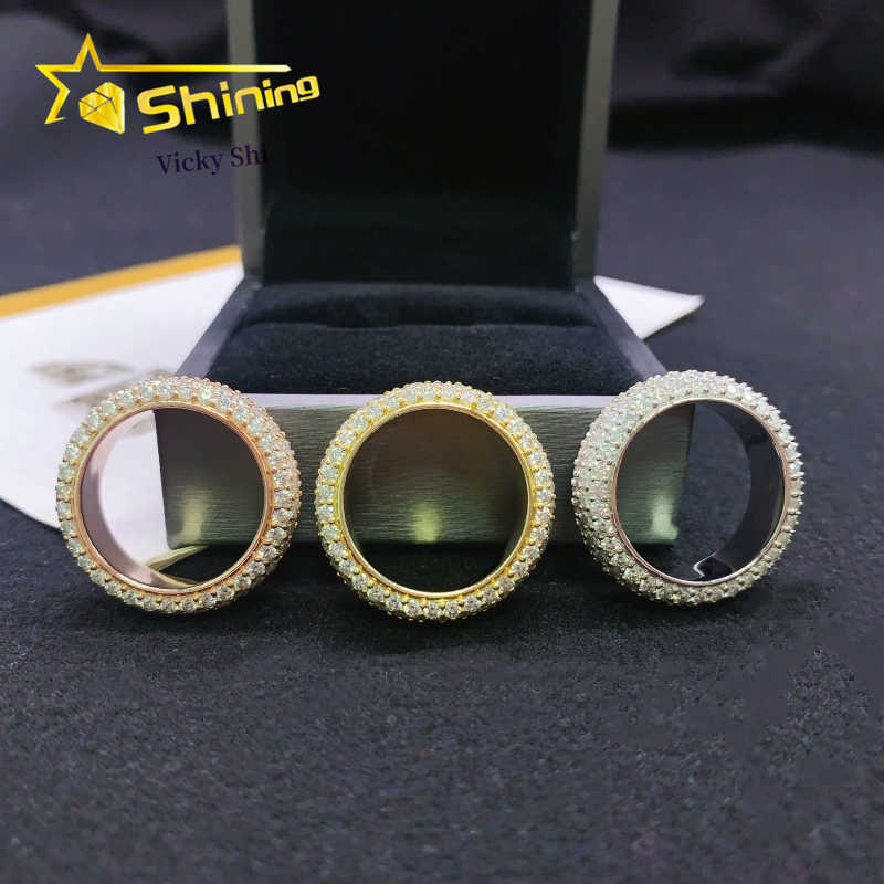 Shining full of diamond 5 rows moissanite diamond ring men 925 sterling silver gold plated hip hop ring finger rings
