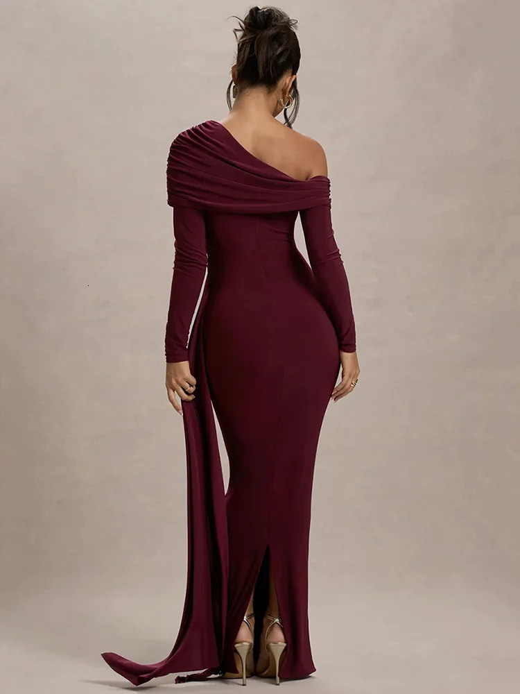 Mozision Skew Collar Long Sleeve Sexy Maxi Dress For Women Gown Fashion Backless Draped Ruched Bodycon Club Elegant 250102