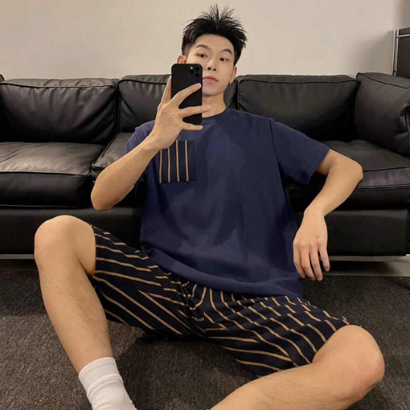 HighQuality Cotton Large Size Men Pajamas ONeck Youth Student Nightwear Homewear Simple Letters Striped Sleepwear Loungewear 250103