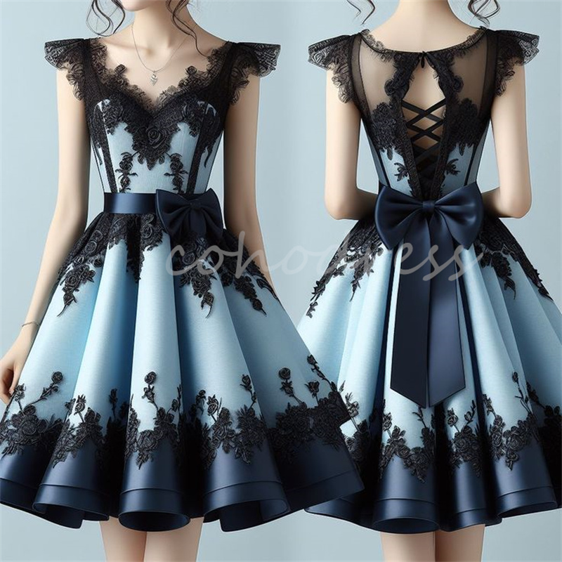 Victorian Gothic Blue Black Prom Dresses V Neck Lace Lolita A Line Costume Masquerade Evening Dress Inspiration Formal Occasion Birthday Party Cocktai