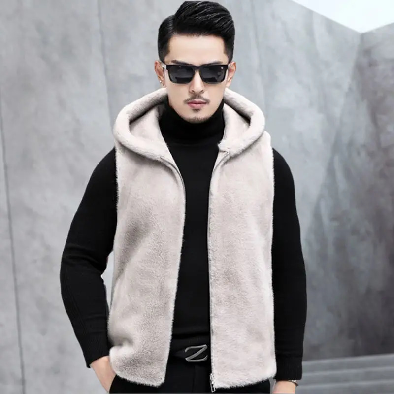 Men Autumn Winter Genuine Fur Warm Vest Male Real Sleeveless Coats Solid Color Hooded Jackets V01 241224