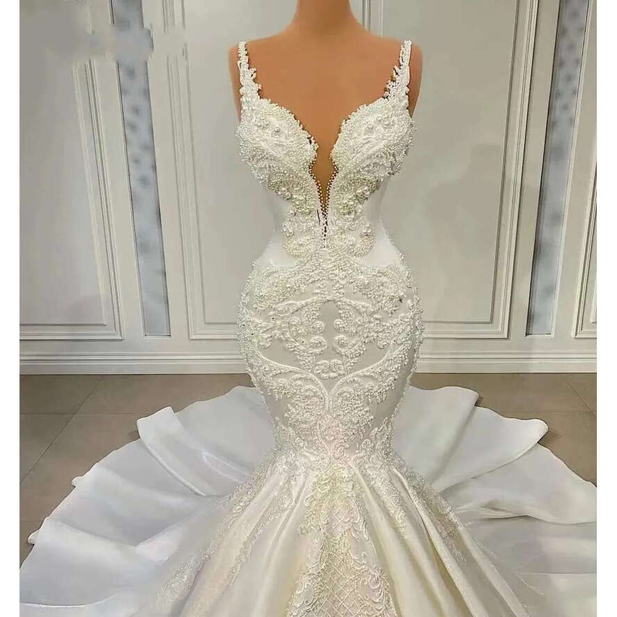 Spring Mermaid Wedding Dress 2024 Sexy V-Neck Pearls Appliqued Lace Satin Bridal Gowns Chic Vestidos Noiva Robe De Mariage