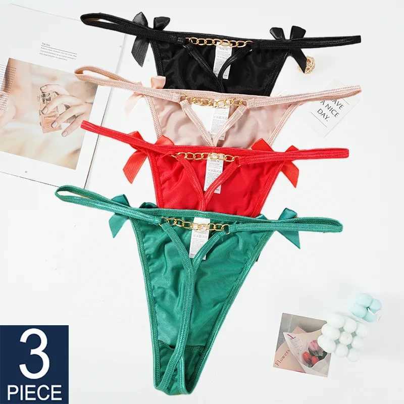 3Pcs/Set Sexy Women Ice Silk Panties Low Waist G-String Underwear Seamless Metal Chain Bow Solid Color Thong Female LingerieXJ250103