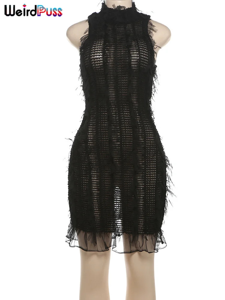 Weird Puss Sexy Knit Dress Women See Through Summer Tassel Midnight Concert Party Sleeveless Ruffle Hem Hipster Stretch Bodycon 250102