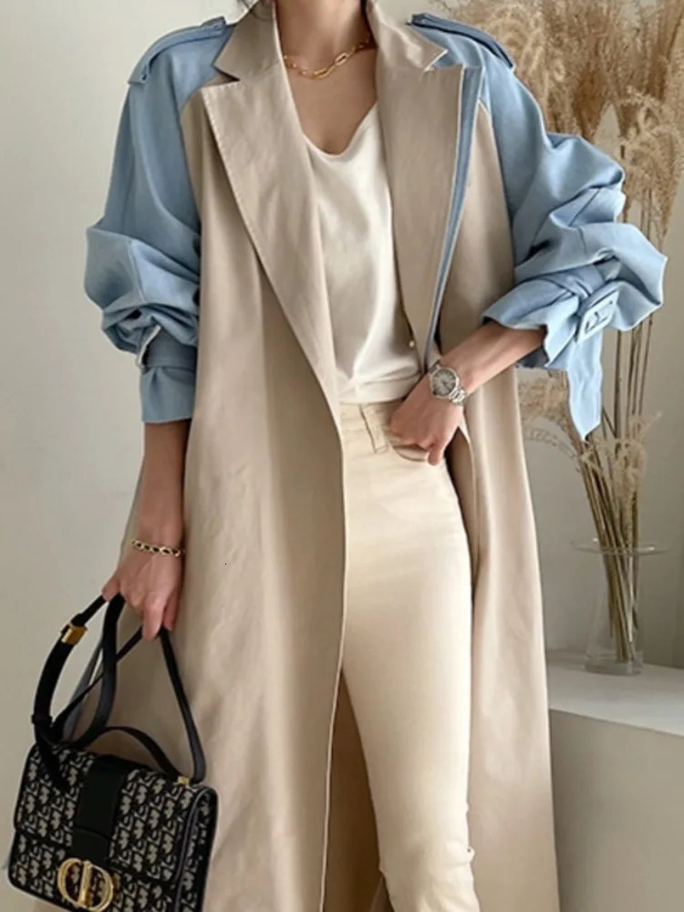 UCXQ Fashion Long Jacket Vintage Patchwork Contrasting Lapel Lace Up Waist Elegant Trench Coat Women 2025 Spring Autumn 9792 241224