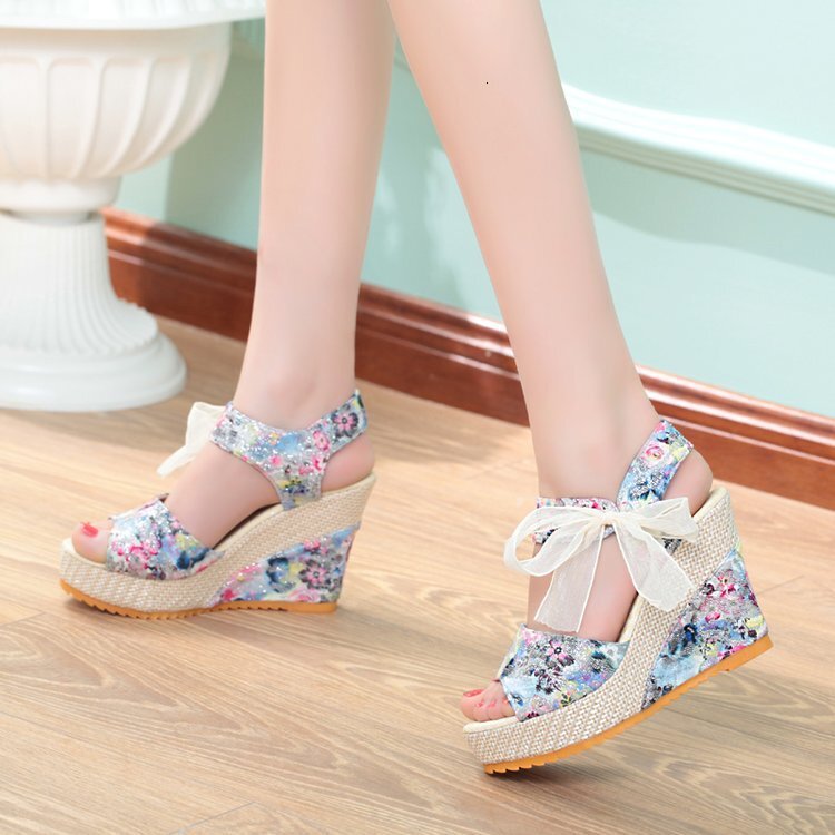 Ddmywed Sandals Summer Casual New Super High Flower Slope Heel Tie Bow Thick Sole Bohemian Women's Shoes Chinese Brand Shoes F0103-21 ddmythur