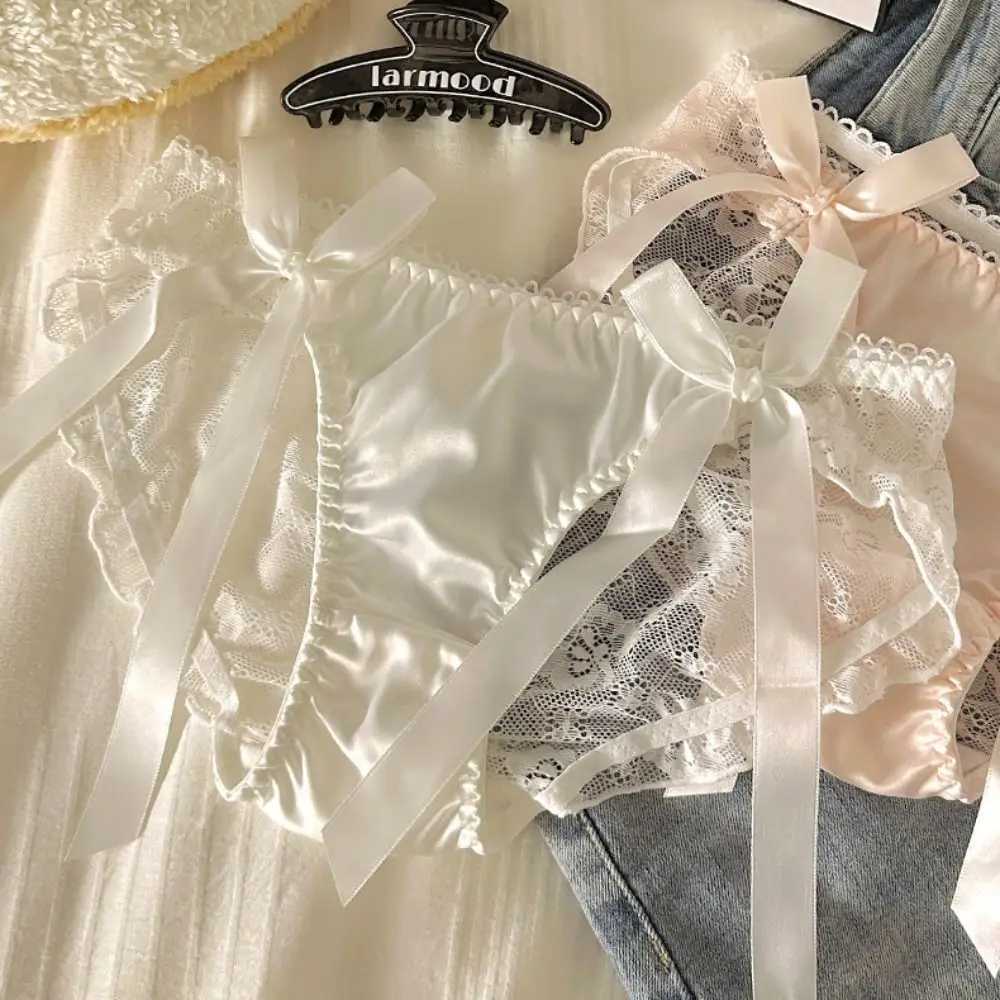 Solid Color Lace Bow Underwear Breathable Hollow Out Female Lingerie Low-Waist Panties Cotton Crotch Seamless BriefsXJ250103