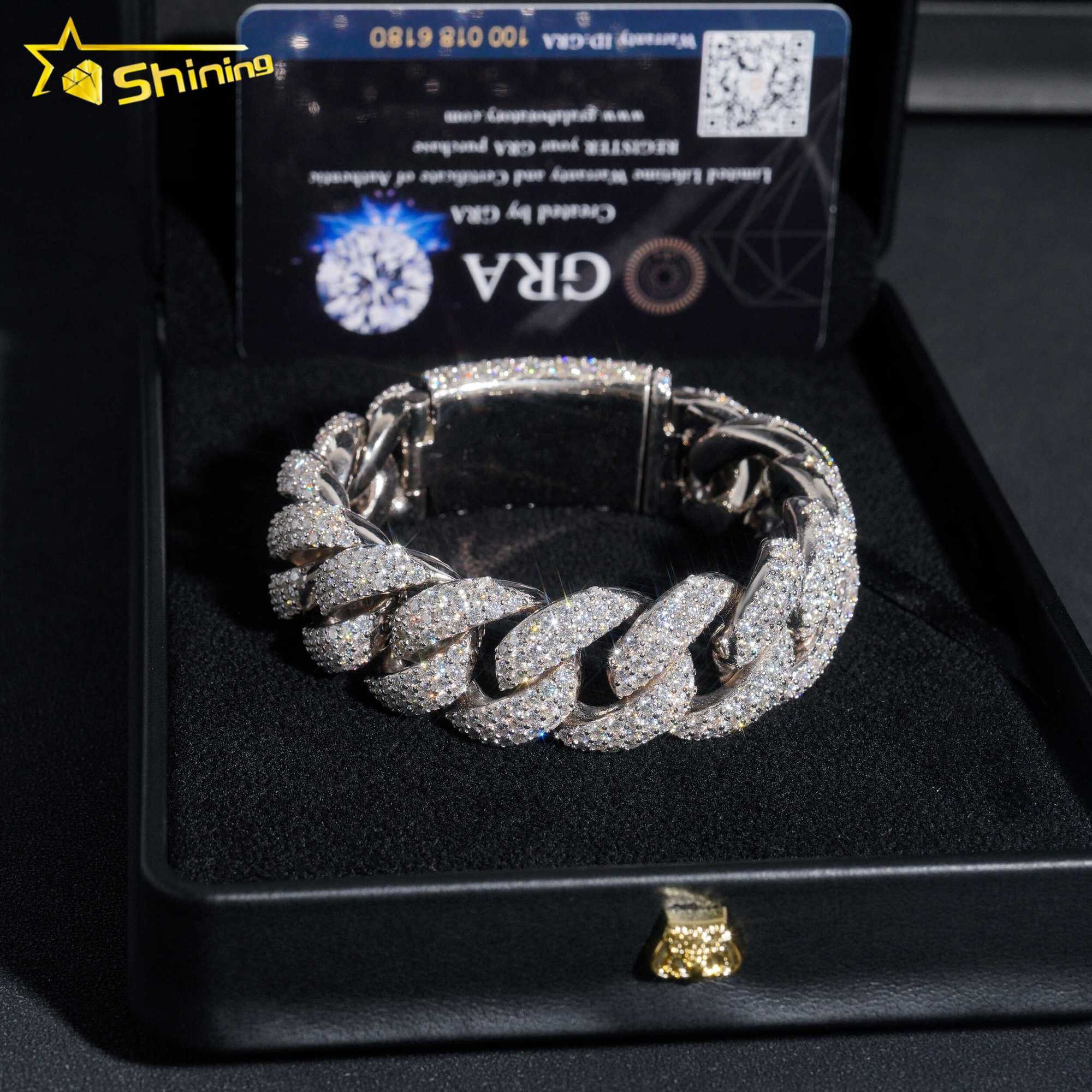 Hip hop iced out 925 silver 20mm solid heavy miami moissanite bracelet men gold plated cuban link chain
