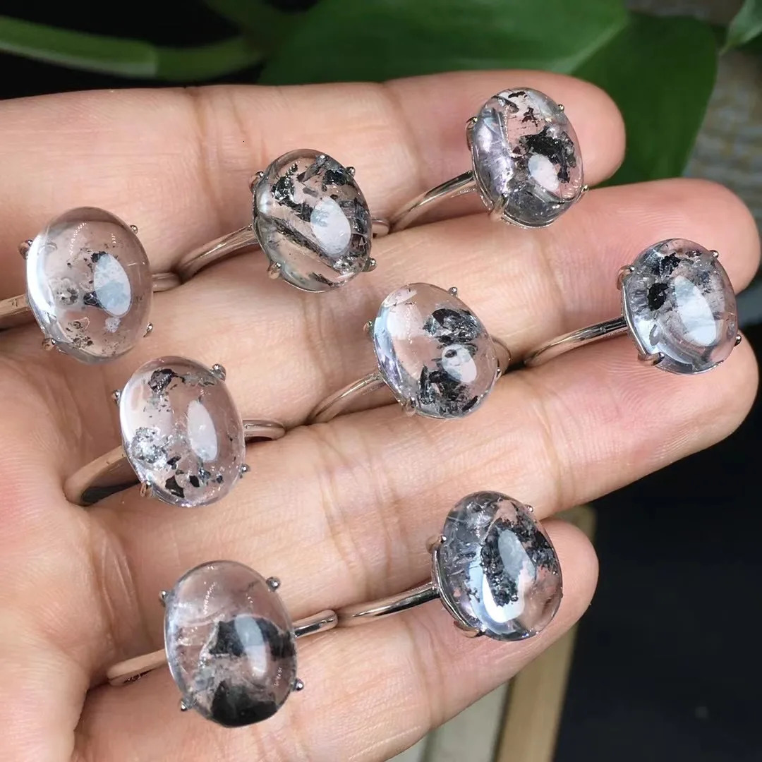 1 piece of Fengbaowu natural Herkimer diamond ring oval Cabochon 925 sterling silver crystal therapeutic stone jewelry 250102