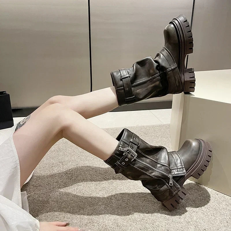 Ladies Shoes on Sale Fashion Side Zipper Womens Boots Winter Square Toe Solid Middle Tube Platform Chunky Heels Boots250102