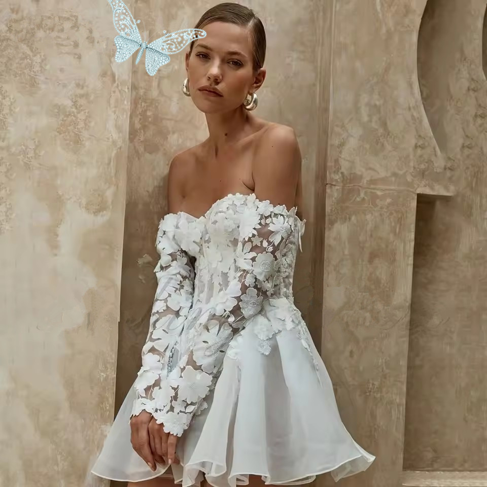 Off the Shoulder Floral Short Wedding Dresses Long Sleeves Lace Mini Bridal Gowns A Line Formal Women Brides Dress Vestido De Novia