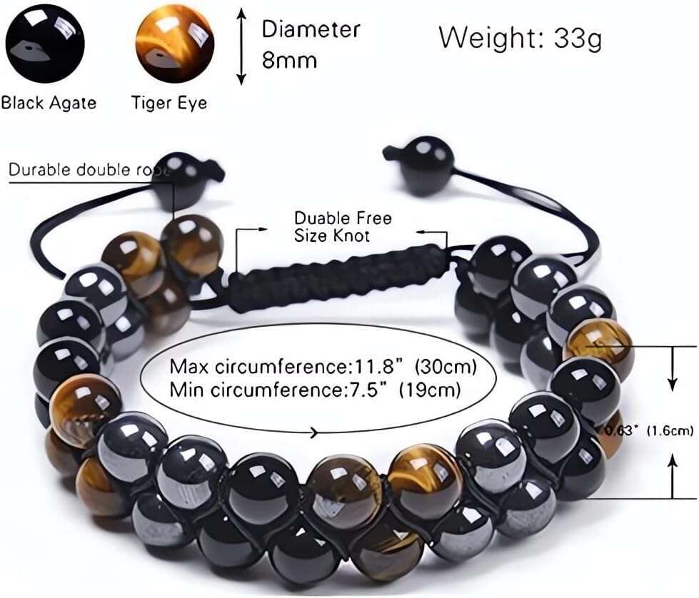 Triple Protection Bracelet, Tigers Eye Black Obsidian and Hematite 8mm Beads Men Women, Heag Crystal Bracelet for Good Luck Prosperity Happiness