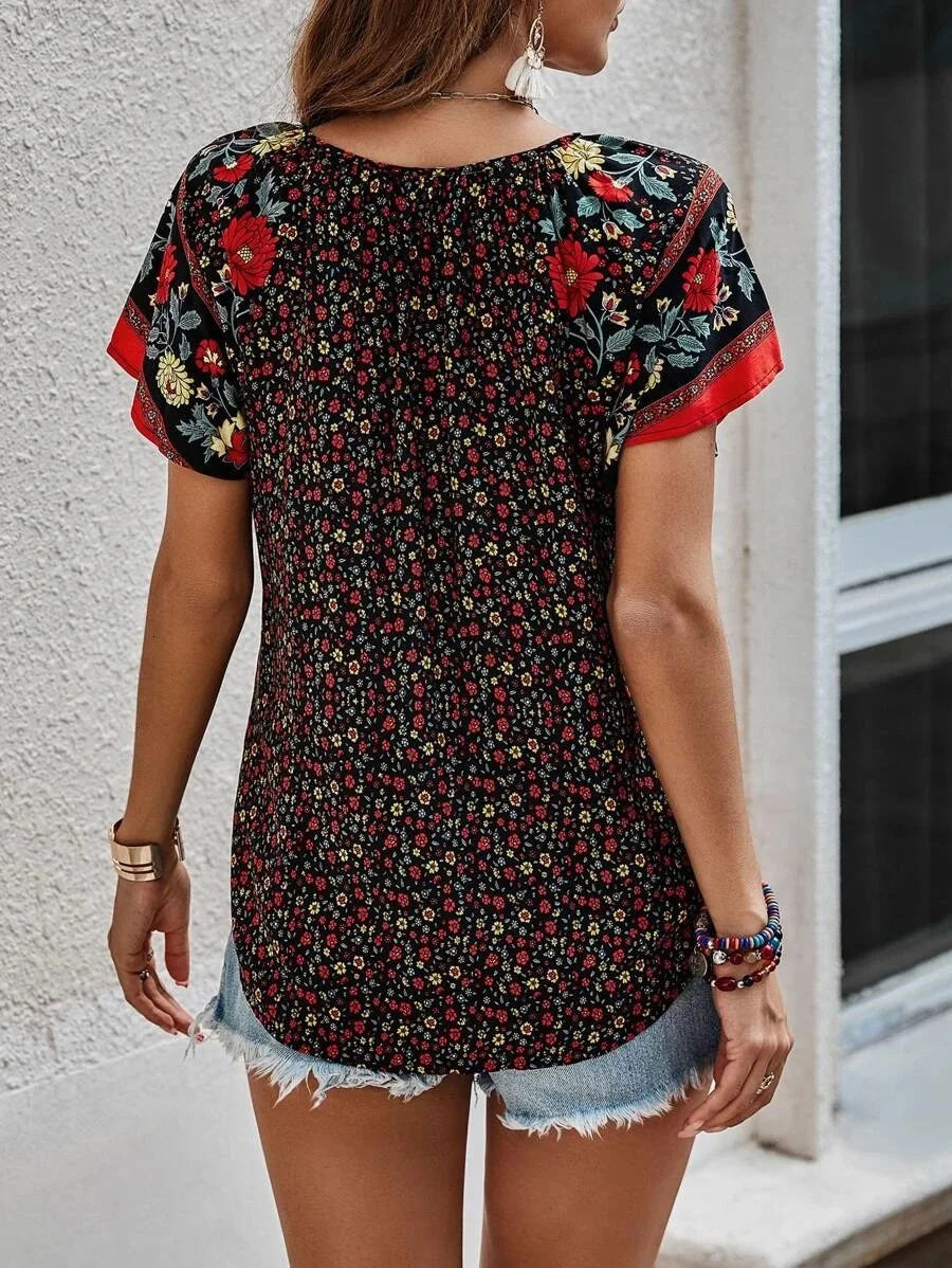 Summer Flower Printed Womens Fashion V-neck Short Sleeve Bohemian Beach Casual Top Womens Elegant Shirt Womens 250102