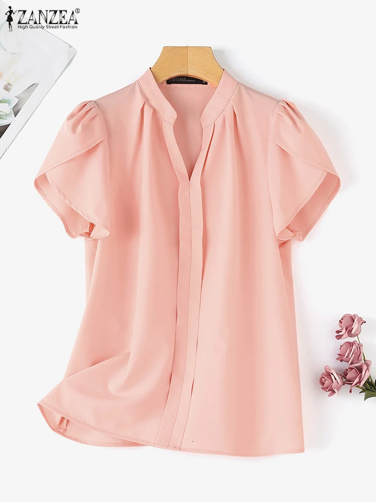 ZANZEA official office V-neck blue womens chiffon shirt elegant pleated short sleeved top summer solid pleated shirt 250102