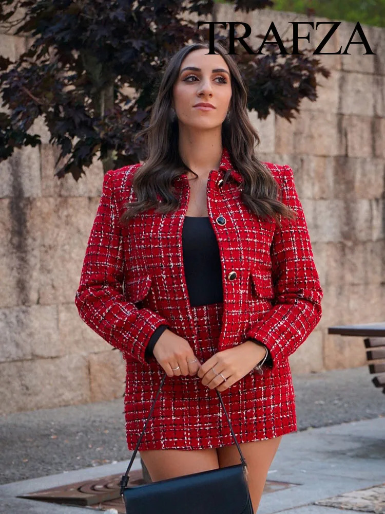 TRAFZA Women Red Texture Single Breasted Pocket Lapel Decorate Jacket CoatElegant High Waist Side Zipper Culottes 2 Piece Set250102