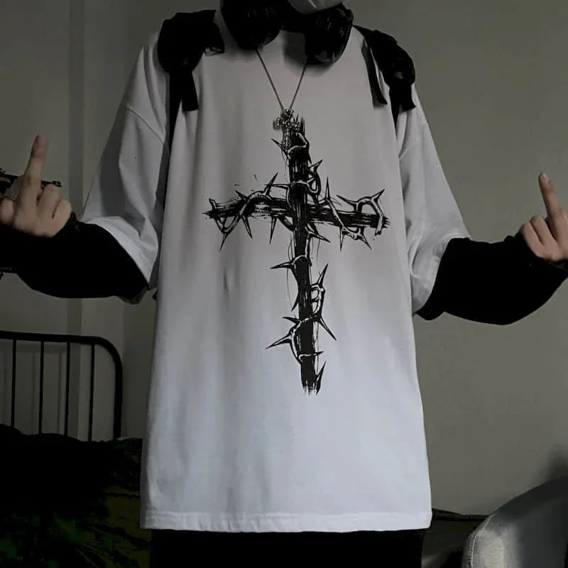 Mens summer cross shoulder bag mens T-shirt long sleeved dark hip-hop mens oversized T-shirt Y2k T-shirt top 250102