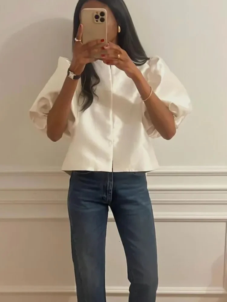 Satin light sleeves elegant womens shirt white short pleated loose O-neck womens shirt spring/summer fashion womens top 250102