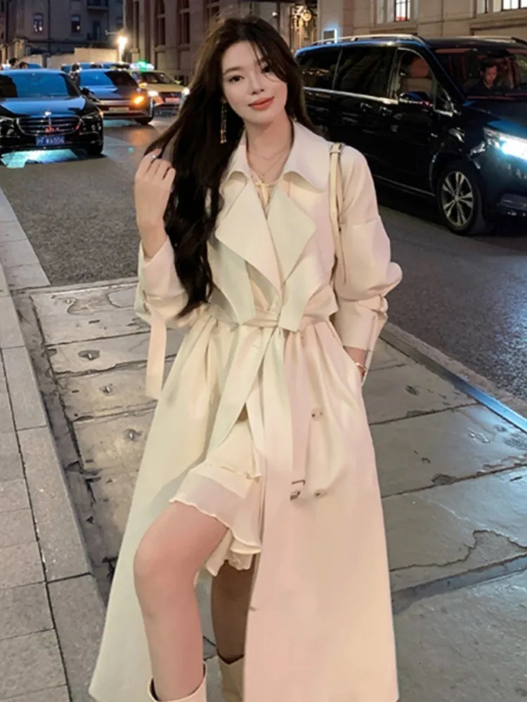 Streetwear Loose Trench Coat Midi Length Double Breasted Fashion Korean Elegant Solid Womens Windbreaker Coat Casual Autumn 241224