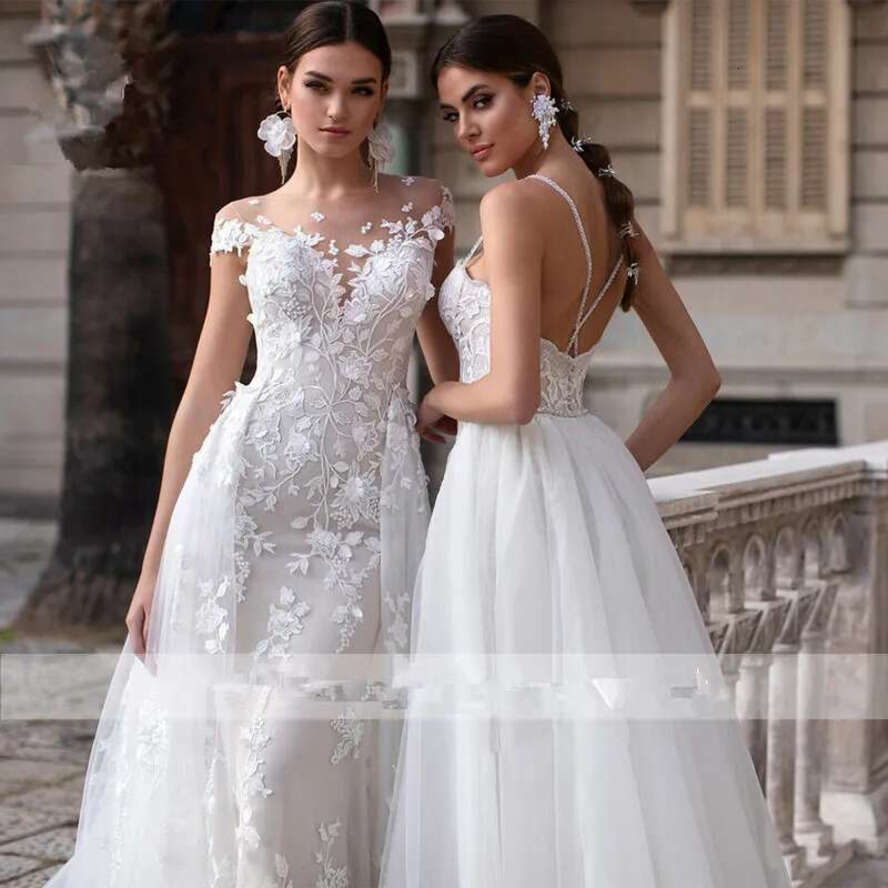 Lace Mermaid Dresses With Detachable Train 2020 Sheer Cap Sleeves Appliques Vestido De Novia Plus Size Wedding Bridal Gowns