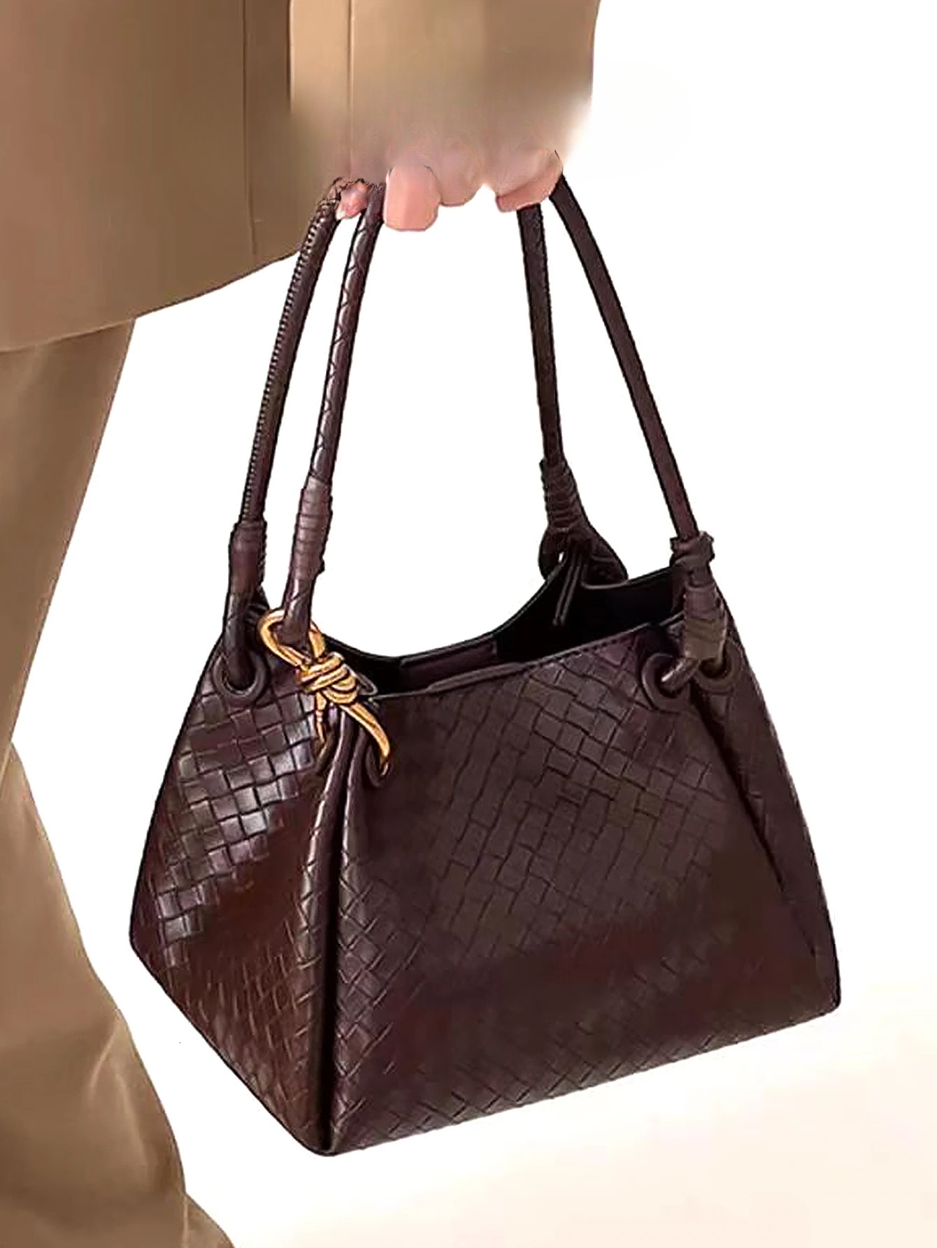 Women Elegant Classic Woven Emed Pattern PU Tote Handbag Small Square Bucket Adjustable Strap Shoulder Crossbody Bag