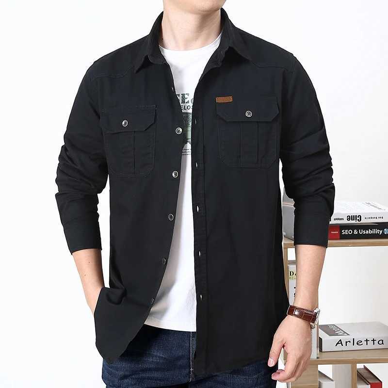 Mens work shirt casual long sleeved loose pocket button up collar shirt fashionable solid color military tactical shirt W250103