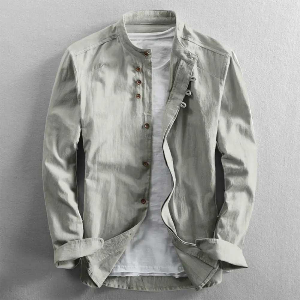 Mens linen cotton shirt cotton linen stand collar long sleeved slim fit mens casual shirt single chest classic office shirt W250103