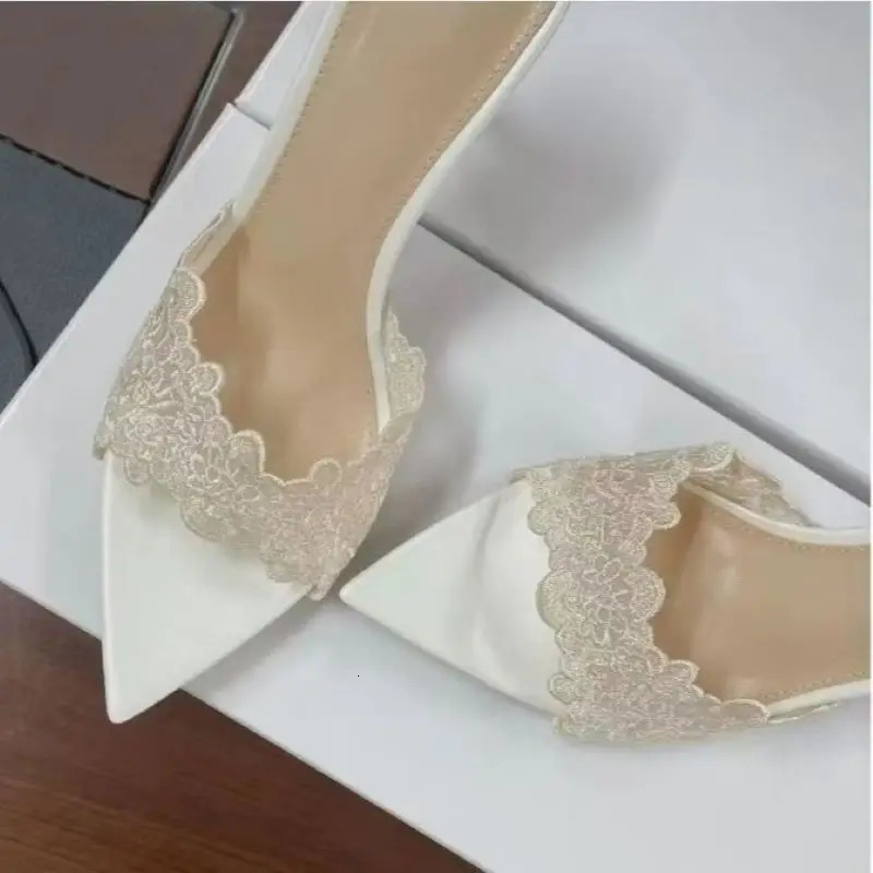 Womens Slippers Classic Lace Stiletto Pointed High Heels Banquet Dress Shoes250102
