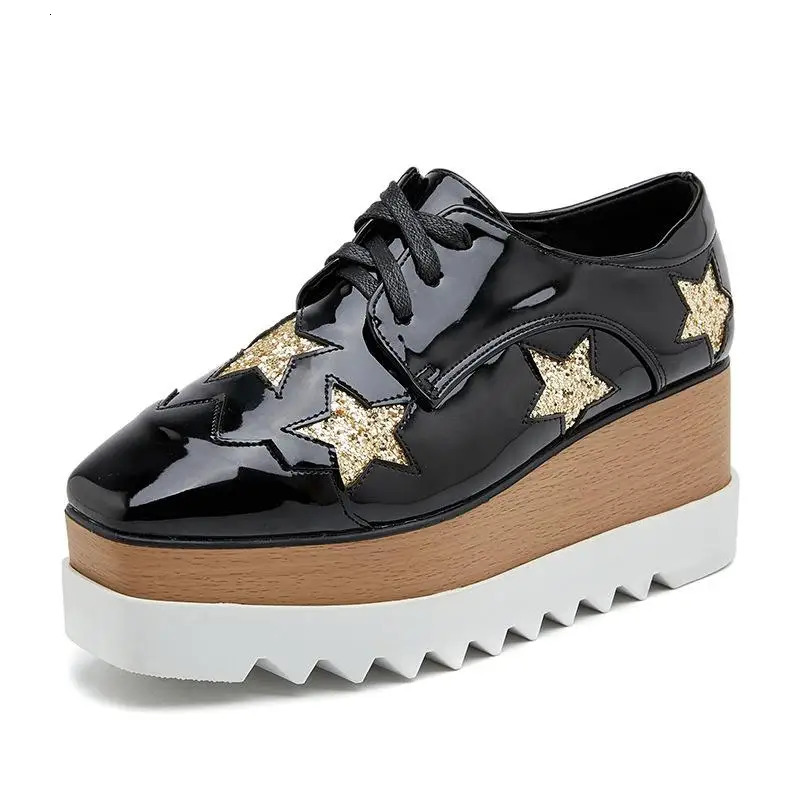 Slim and Versatile Spring Star Thick Sole Sponge Cake Casual Shoes Lace Up Slope Heel Womens British Style HZB 250219