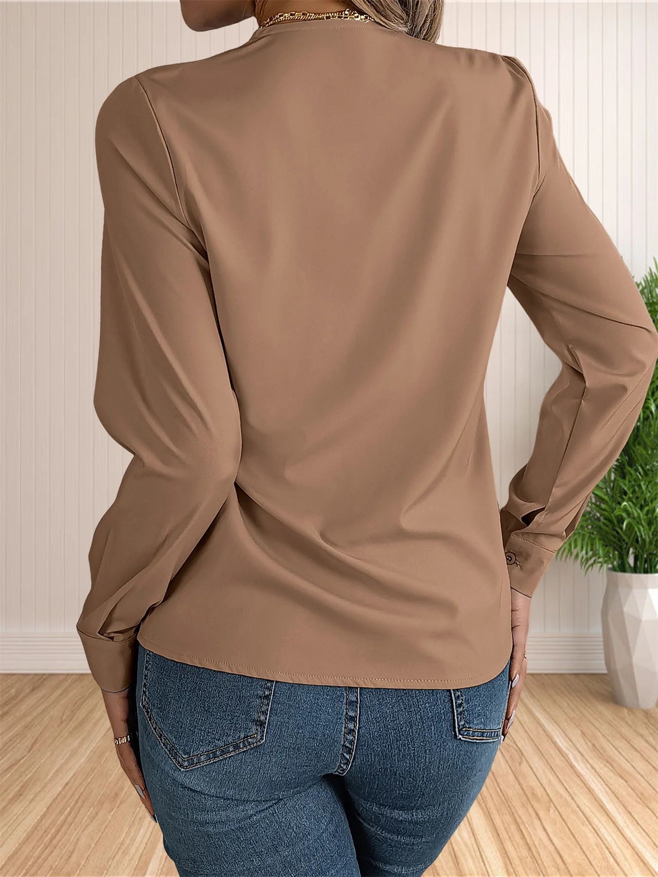 Womens elegant business office shirt layered V-neck long sleeved dress work top 250102