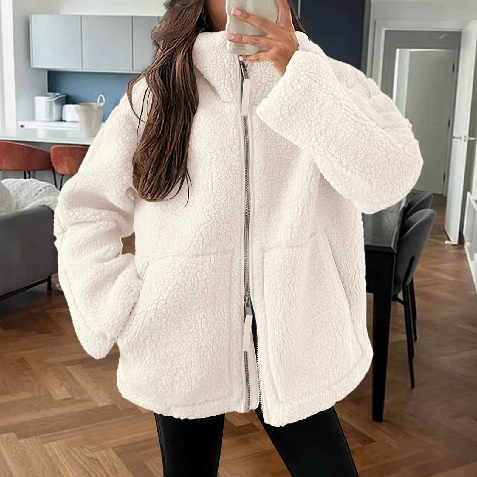 Womens camouflage wool jacket casual long sleeved oversized Sherpa warm jacket double zipper winter teddy jacket pocket jacket M250103
