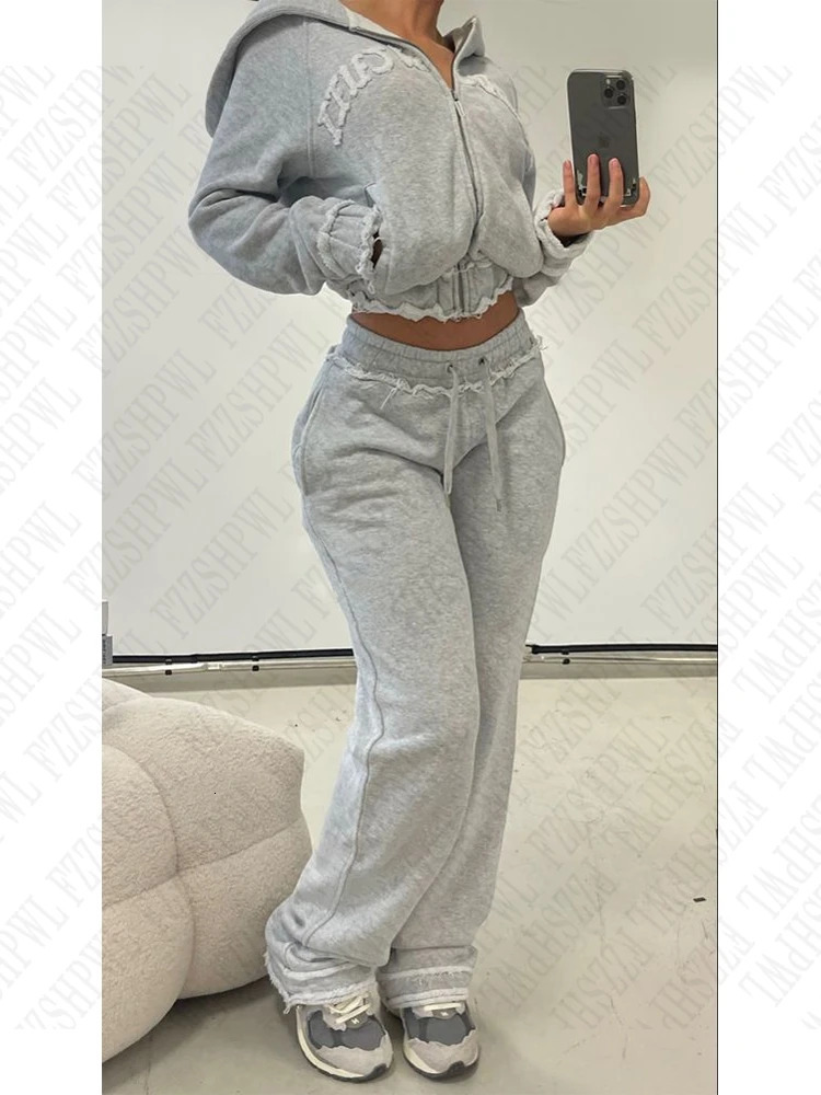 Fashion Grey Autumn Winter Set Punk Casual Retro Burr Street Burr Emo Girl Fairy Zipper Jacket Fashion Trousers 250102